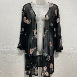 Moral Fiber Floral Kimono Open Top Boho Cover Up Grunge Black Mesh Size XL